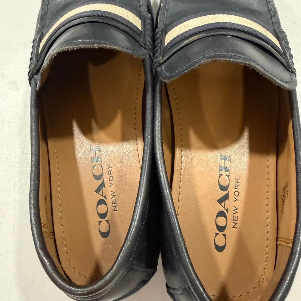 Coach Navy Leather Loafers with Cream Stripe Size 9 Men